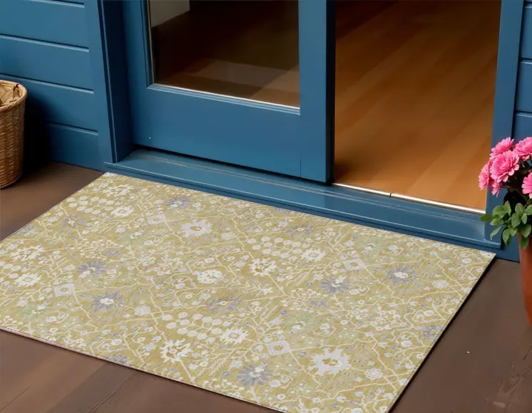 3' X 5' Gold Ivory And Gray Oriental Washable Indoor Outdoor Area Rug