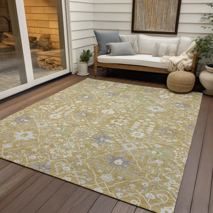 3' X 5' Gold Ivory And Gray Oriental Washable Indoor Outdoor Area Rug