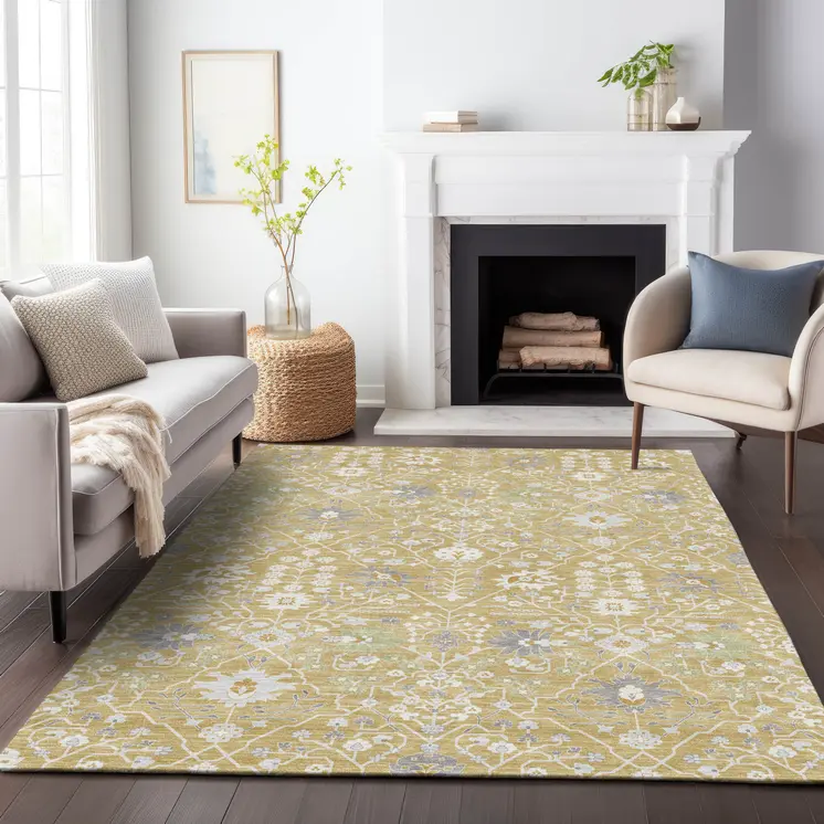 3' X 5' Gold Ivory And Gray Oriental Washable Indoor Outdoor Area Rug