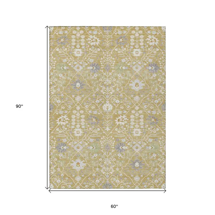 5' X 8' Gold Ivory And Gray Oriental Washable Indoor Outdoor Area Rug