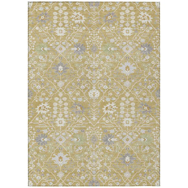 5' X 8' Gold Ivory And Gray Oriental Washable Indoor Outdoor Area Rug