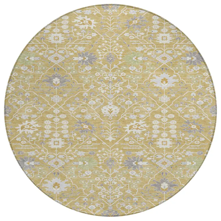8' Gold Ivory And Gray Round Oriental Washable Indoor Outdoor Area Rug