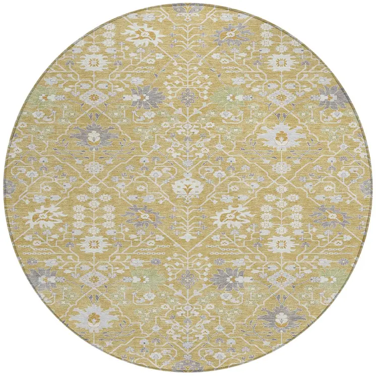 8' Gold Ivory And Gray Round Oriental Washable Indoor Outdoor Area Rug