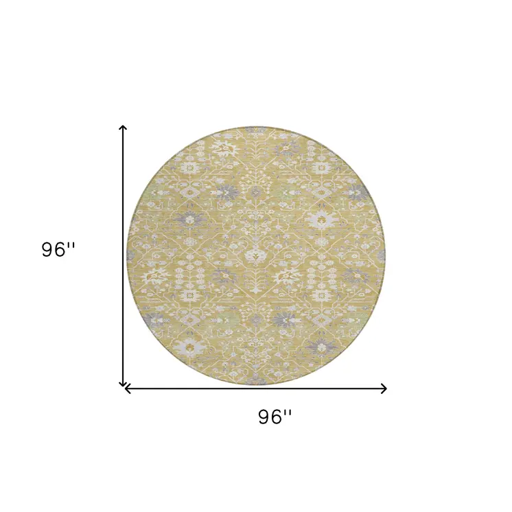 8' Gold Ivory And Gray Round Oriental Washable Indoor Outdoor Area Rug