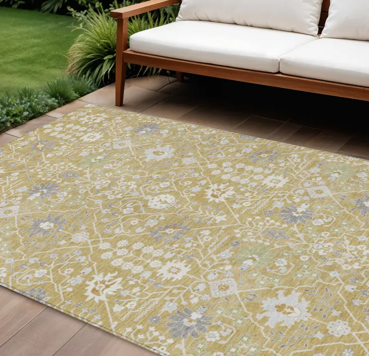 8' X 10' Gold Ivory And Gray Oriental Washable Indoor Outdoor Area Rug
