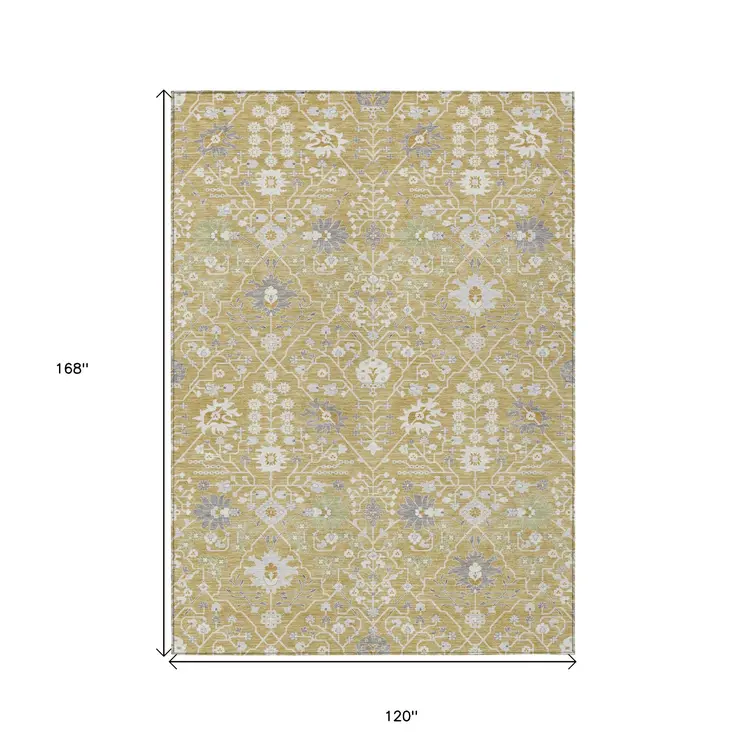 10' X 14' Gold Ivory And Gray Oriental Washable Indoor Outdoor Area Rug