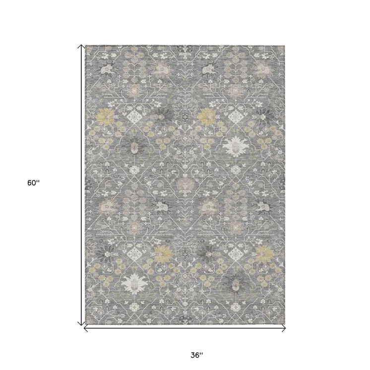 3' X 5' Gray Gold And Ivory Oriental Washable Indoor Outdoor Area Rug