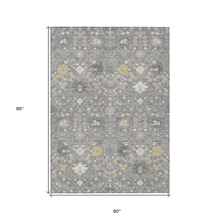 5' X 8' Gray Gold And Ivory Oriental Washable Indoor Outdoor Area Rug
