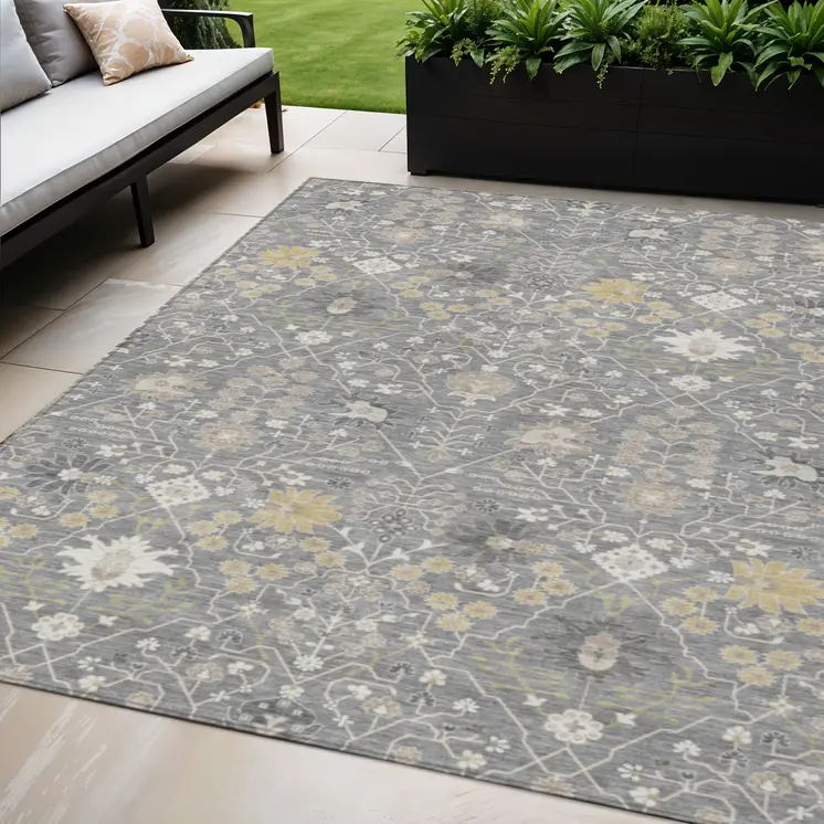 5' X 8' Gray Gold And Ivory Oriental Washable Indoor Outdoor Area Rug