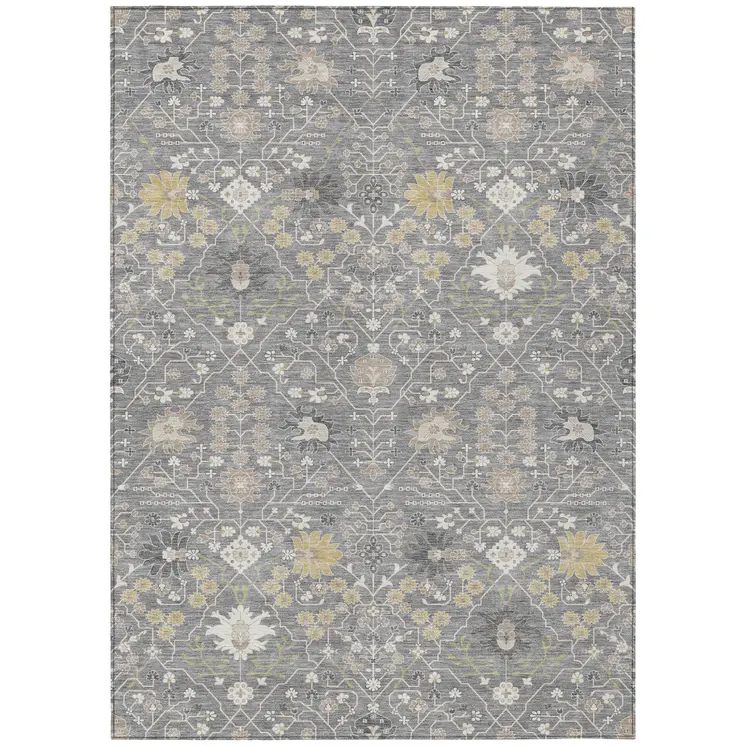 5' X 8' Gray Gold And Ivory Oriental Washable Indoor Outdoor Area Rug