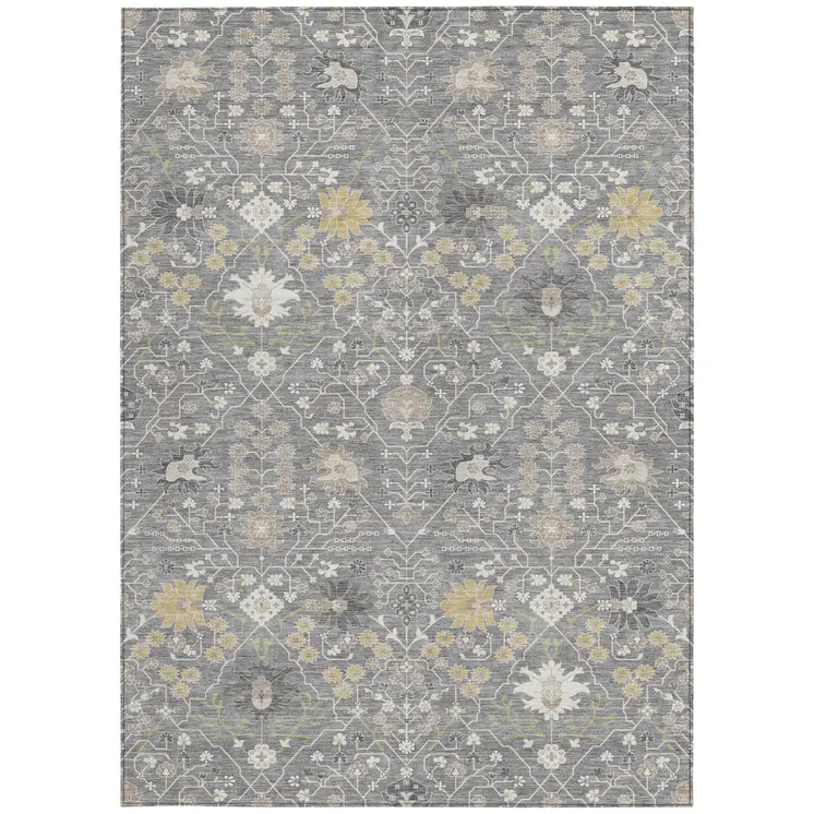 5' X 8' Gray Gold And Ivory Oriental Washable Indoor Outdoor Area Rug