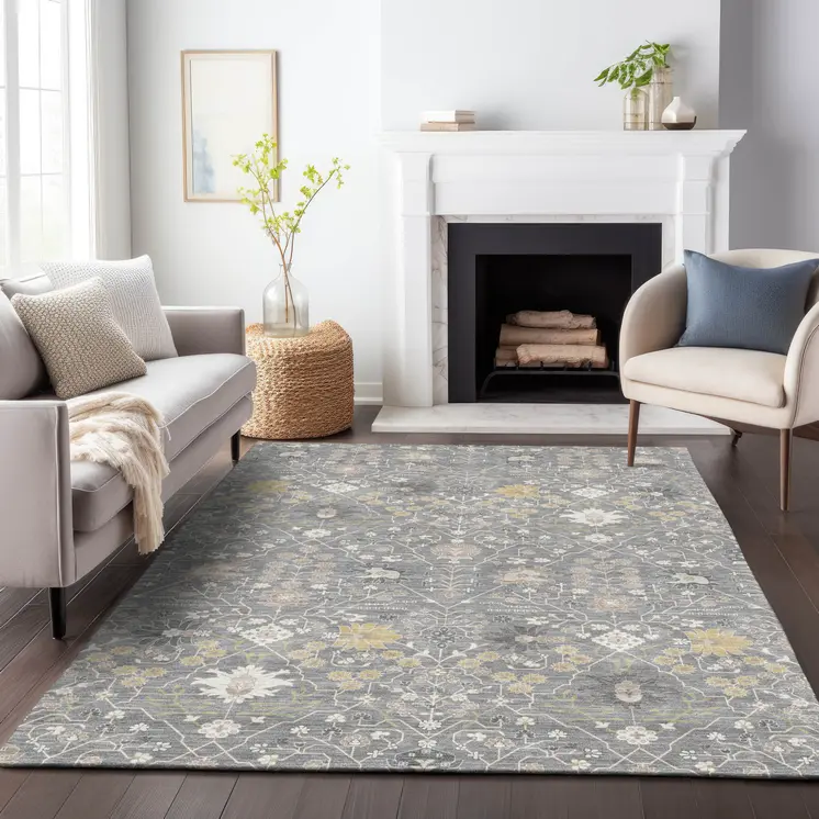 5' X 8' Gray Gold And Ivory Oriental Washable Indoor Outdoor Area Rug