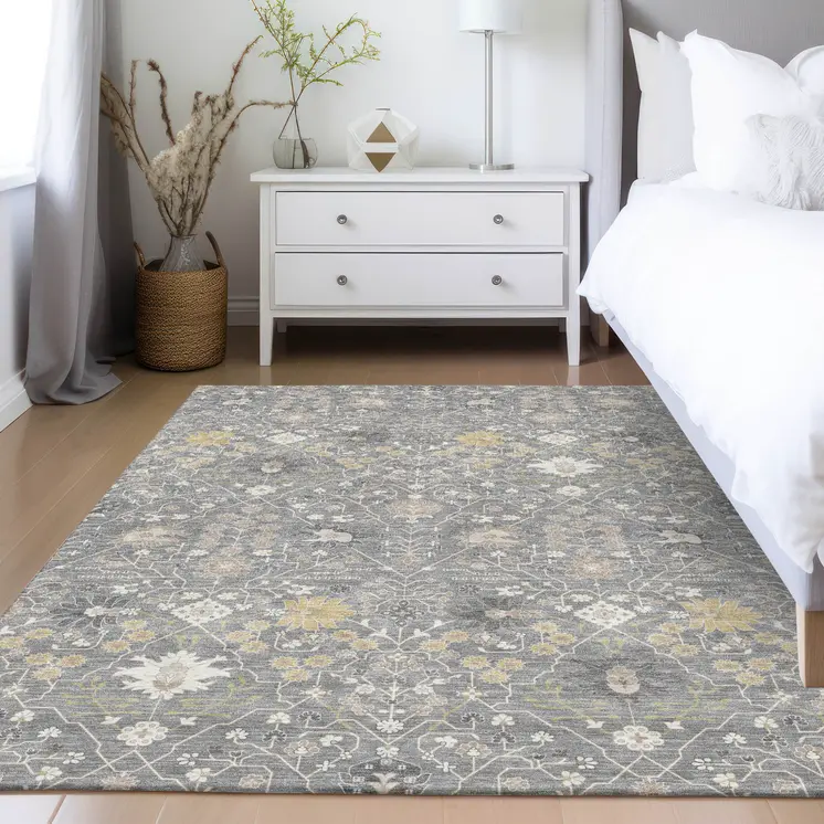 5' X 8' Gray Gold And Ivory Oriental Washable Indoor Outdoor Area Rug