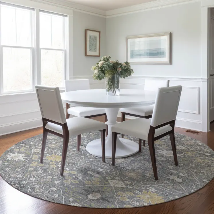 8' Gray Gold And Ivory Round Oriental Washable Indoor Outdoor Area Rug