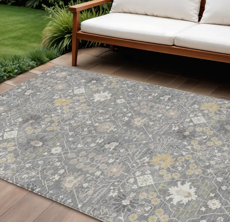 8' X 10' Gray Gold And Ivory Oriental Washable Indoor Outdoor Area Rug