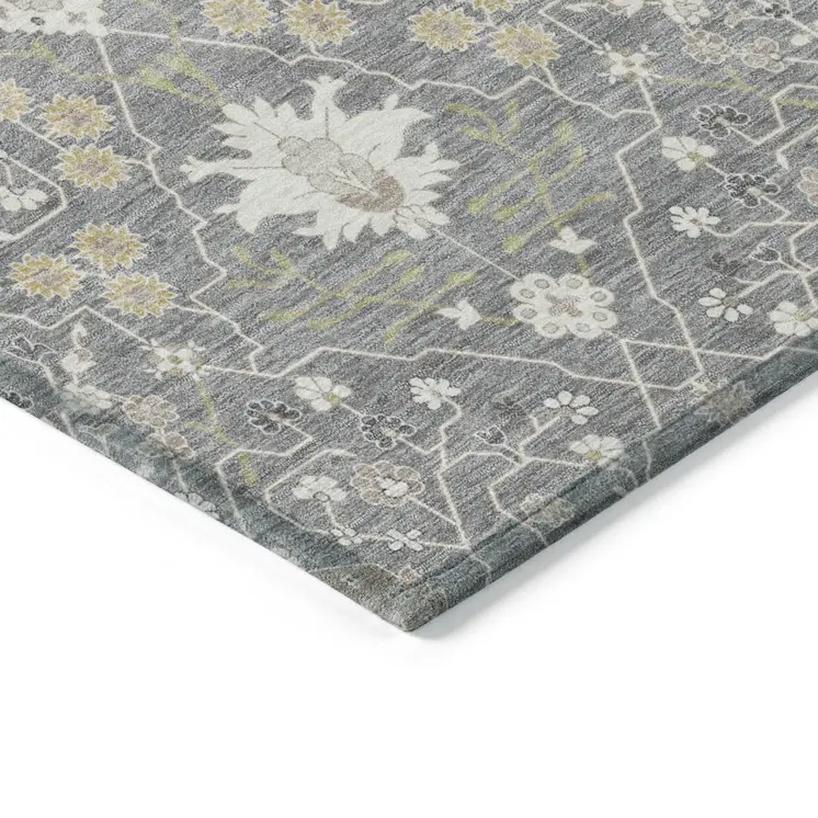 8' X 10' Gray Gold And Ivory Oriental Washable Indoor Outdoor Area Rug