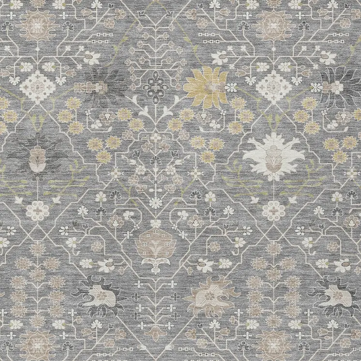 8' X 10' Gray Gold And Ivory Oriental Washable Indoor Outdoor Area Rug