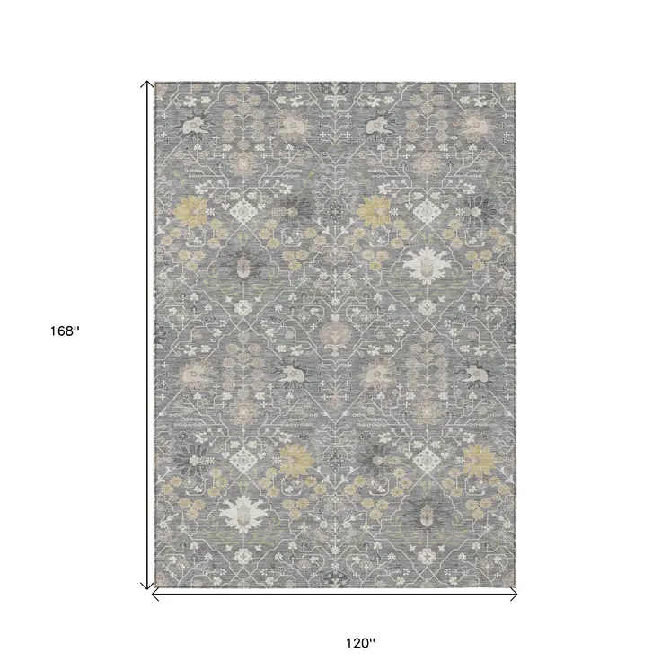 10' X 14' Gray Gold And Ivory Oriental Washable Indoor Outdoor Area Rug