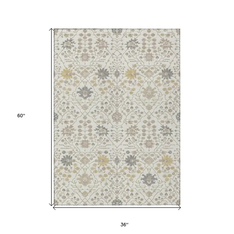 3' X 5' Ivory Beige And Gray Oriental Washable Indoor Outdoor Area Rug