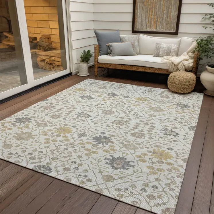 3' X 5' Ivory Beige And Gray Oriental Washable Indoor Outdoor Area Rug