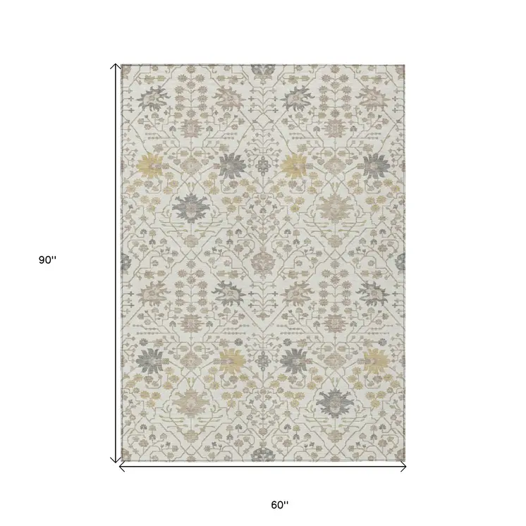 5' X 8' Ivory Beige And Gray Oriental Washable Indoor Outdoor Area Rug