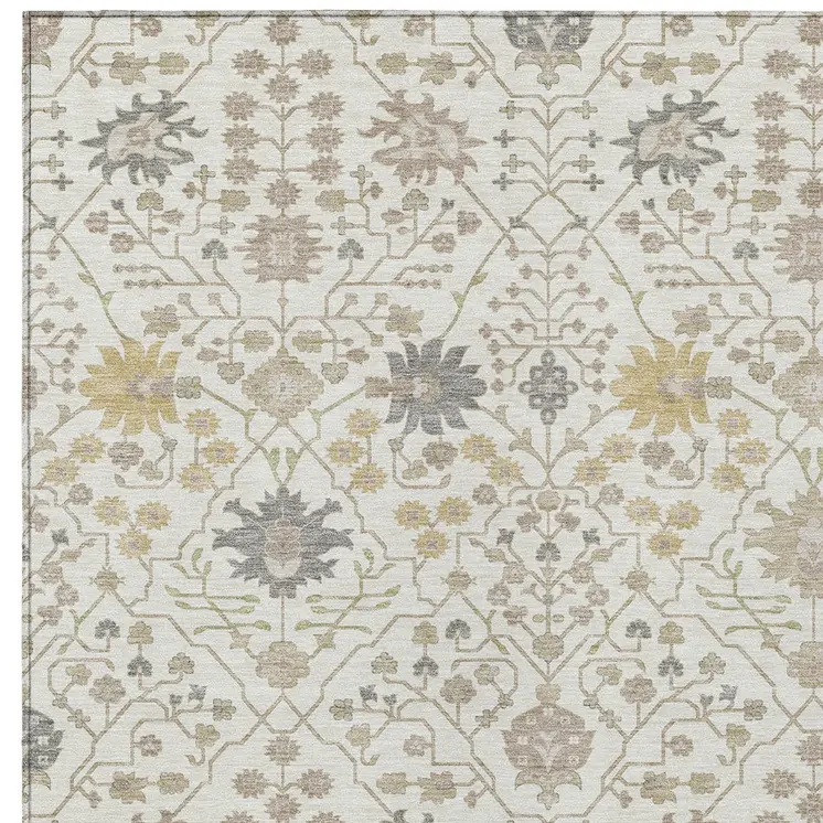 5' X 8' Ivory Beige And Gray Oriental Washable Indoor Outdoor Area Rug