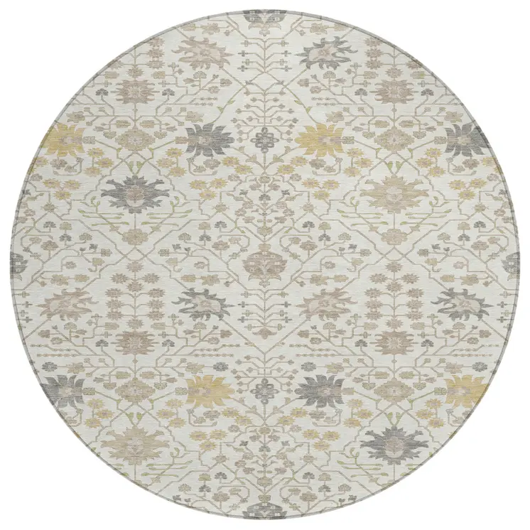 8' Ivory Beige And Gray Round Oriental Washable Indoor Outdoor Area Rug