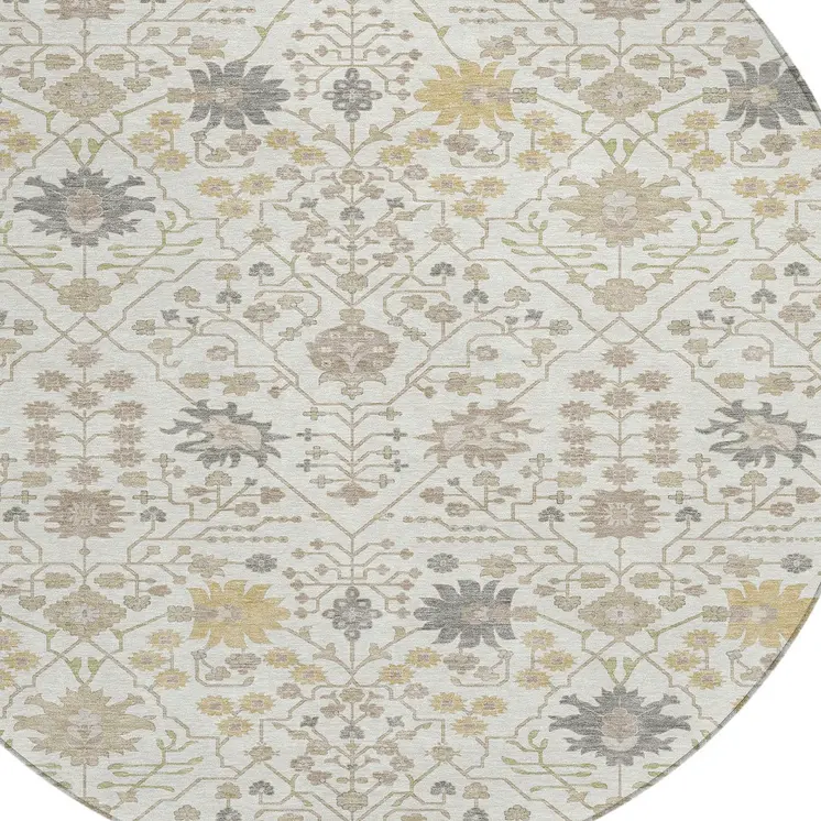 8' Ivory Beige And Gray Round Oriental Washable Indoor Outdoor Area Rug