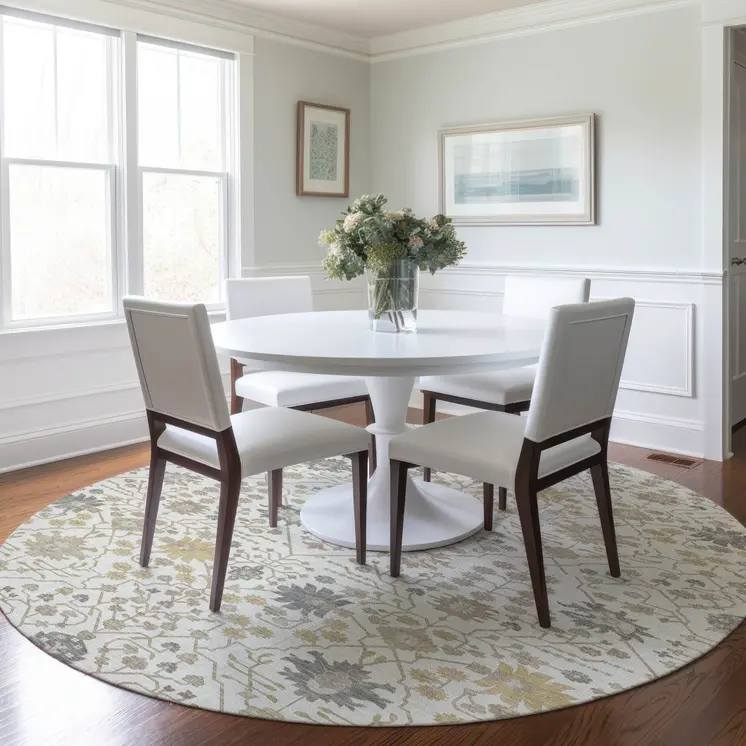 8' Ivory Beige And Gray Round Oriental Washable Indoor Outdoor Area Rug