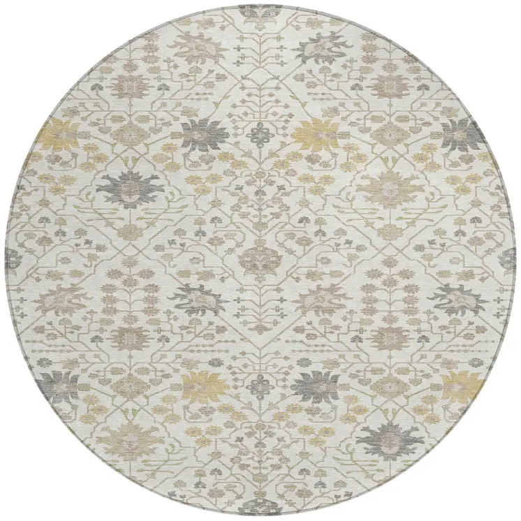 8' Ivory Beige And Gray Round Oriental Washable Indoor Outdoor Area Rug