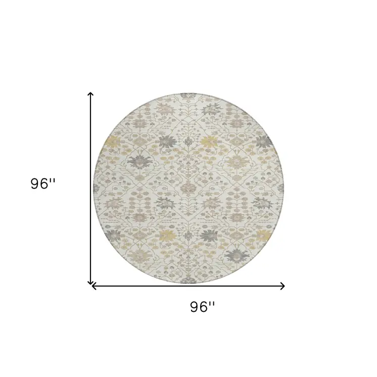 8' Ivory Beige And Gray Round Oriental Washable Indoor Outdoor Area Rug