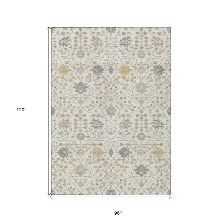 8' X 10' Ivory Beige And Gray Oriental Washable Indoor Outdoor Area Rug