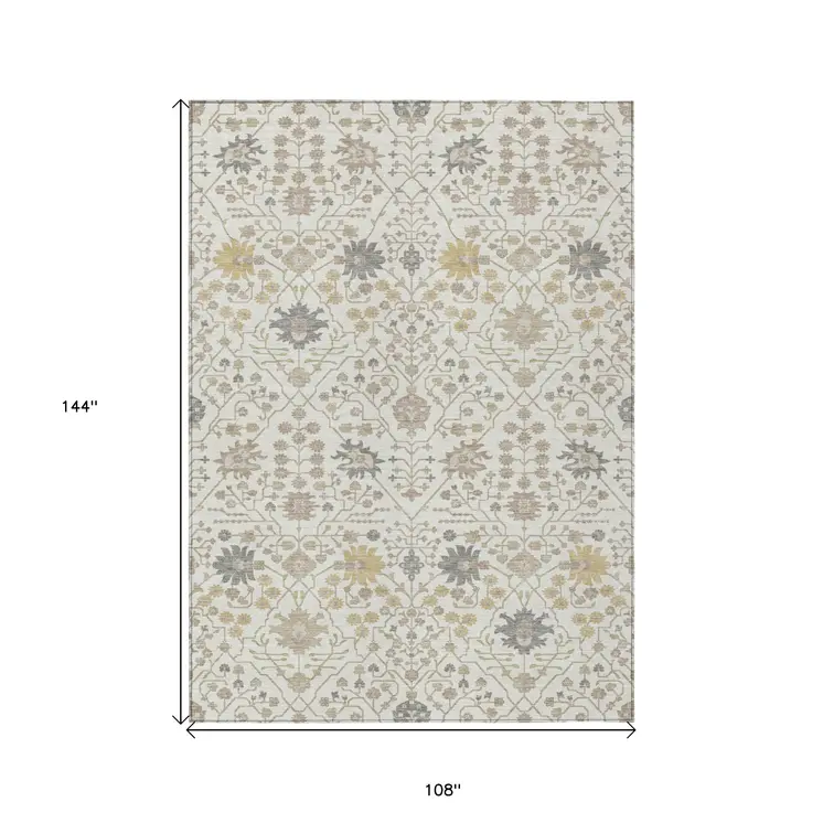 9' X 12' Ivory Beige And Gray Oriental Washable Indoor Outdoor Area Rug