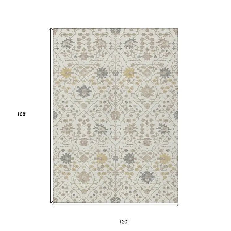 10' X 14' Ivory Beige And Gray Oriental Washable Indoor Outdoor Area Rug