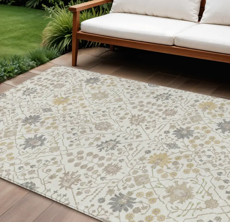 10' X 14' Ivory Beige And Gray Oriental Washable Indoor Outdoor Area Rug