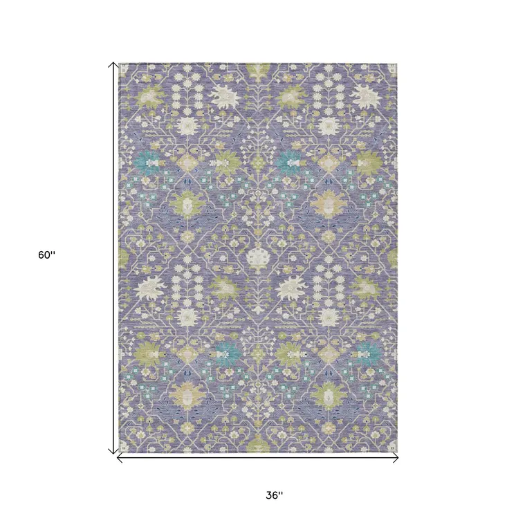 3' X 5' Lavender Blue And Green Oriental Washable Indoor Outdoor Area Rug