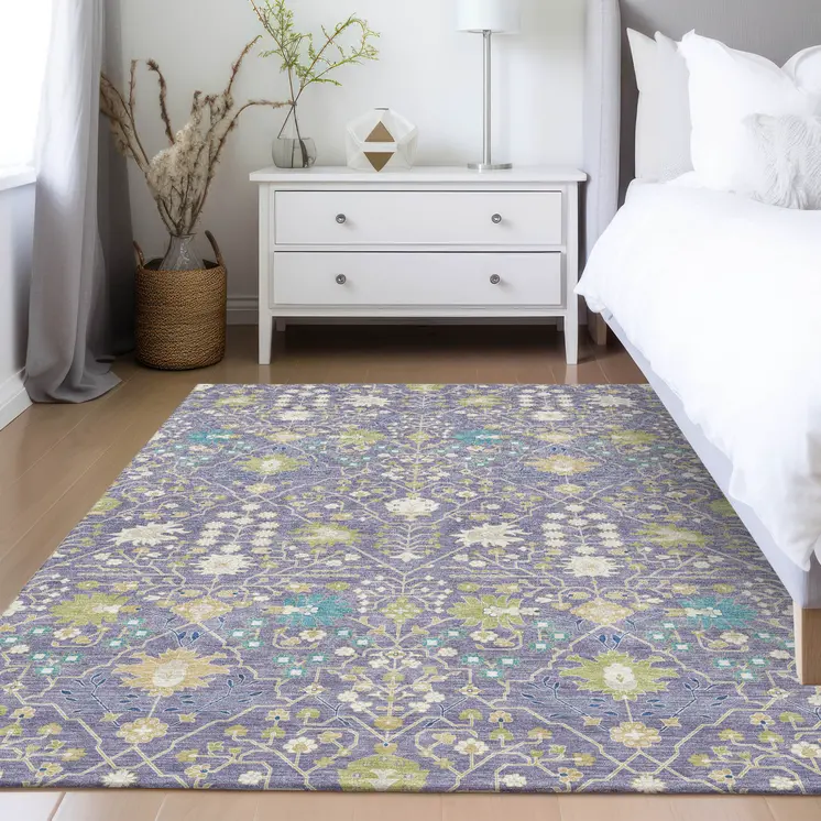 3' X 5' Lavender Blue And Green Oriental Washable Indoor Outdoor Area Rug