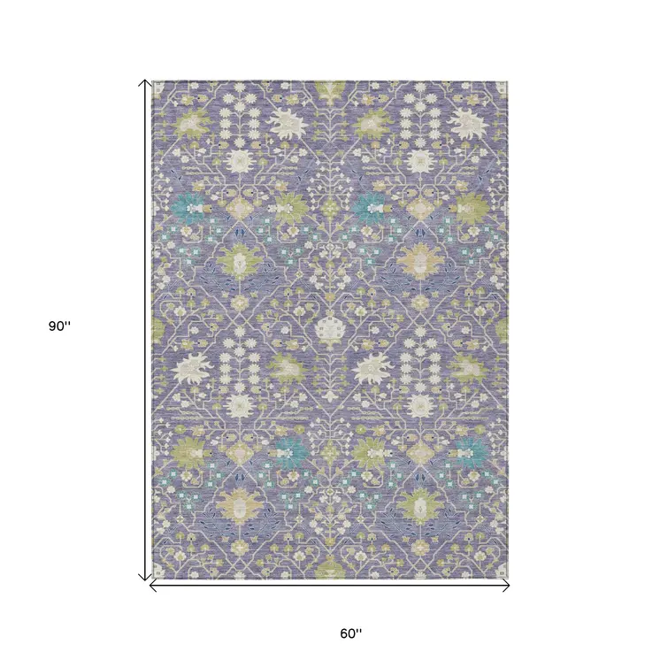 5' X 8' Lavender Blue And Green Oriental Washable Indoor Outdoor Area Rug