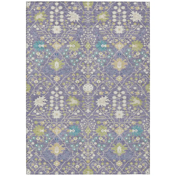 5' X 8' Lavender Blue And Green Oriental Washable Indoor Outdoor Area Rug