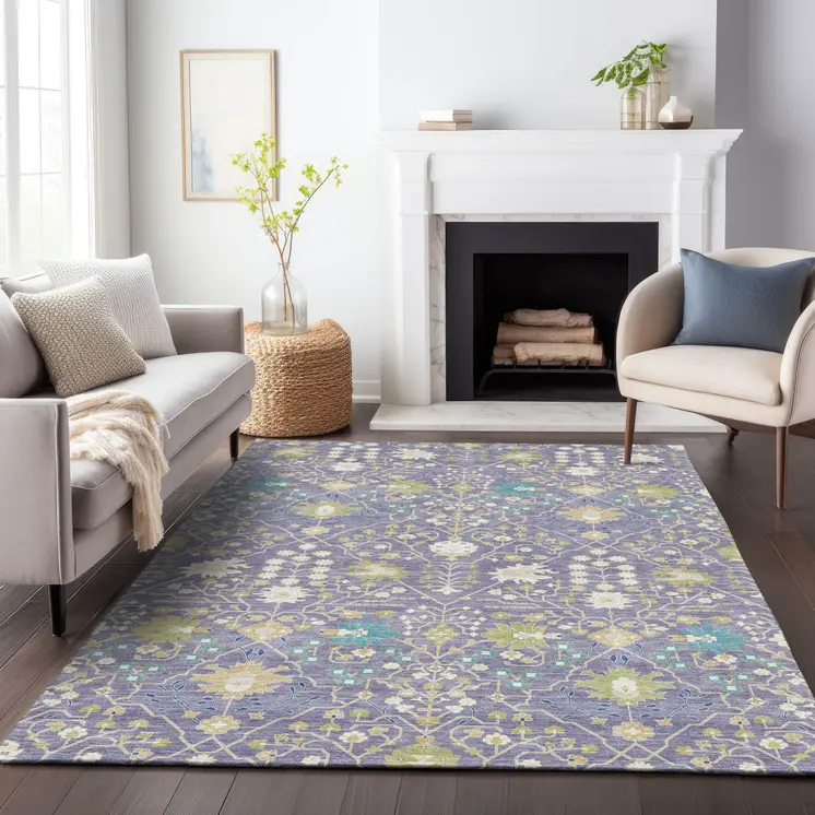 5' X 8' Lavender Blue And Green Oriental Washable Indoor Outdoor Area Rug