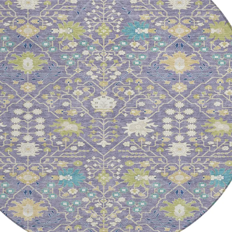 8' Lavender Blue And Green Round Oriental Washable Indoor Outdoor Area Rug