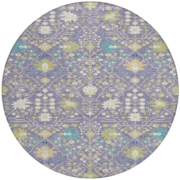 8' Lavender Blue And Green Round Oriental Washable Indoor Outdoor Area Rug