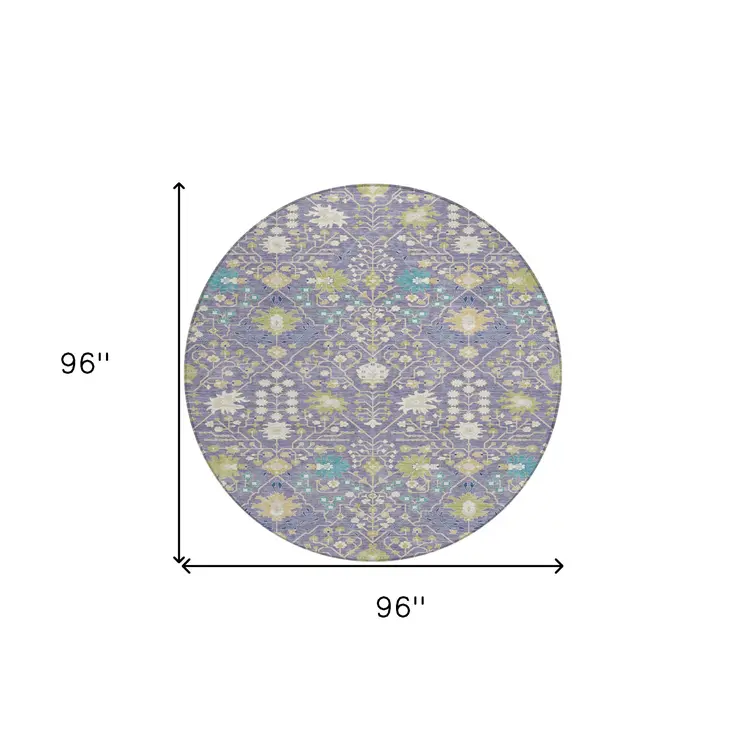 8' Lavender Blue And Green Round Oriental Washable Indoor Outdoor Area Rug