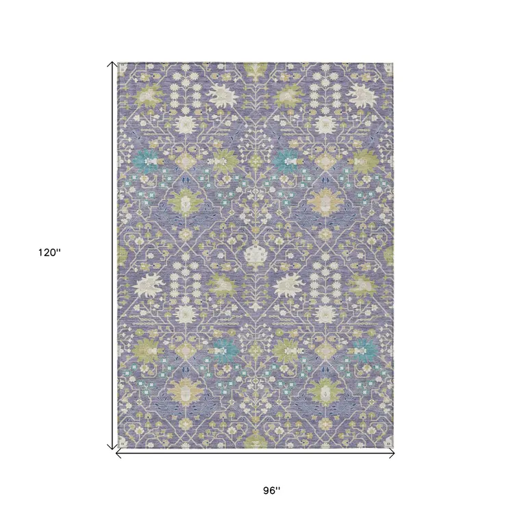 8' X 10' Lavender Blue And Green Oriental Washable Indoor Outdoor Area Rug