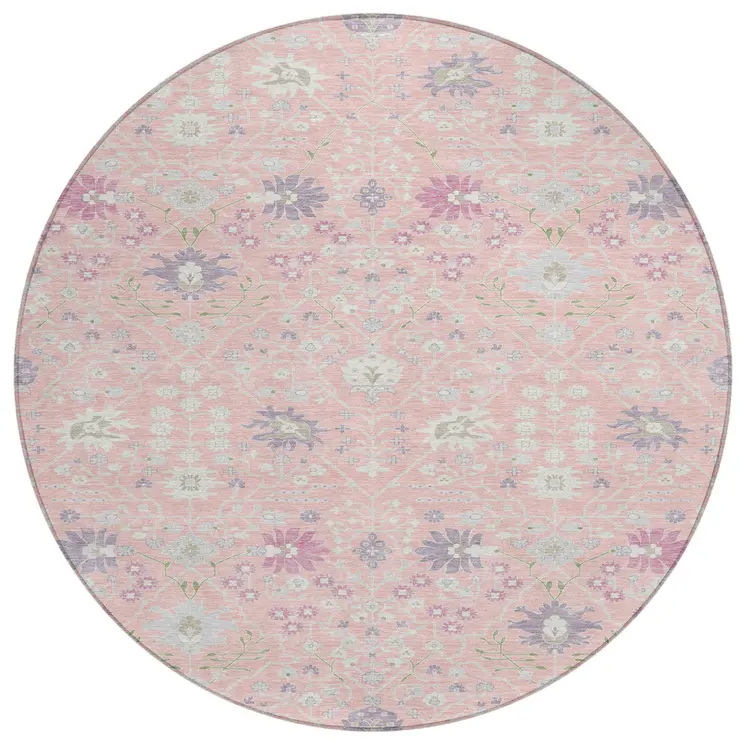 8' Pink Purple And Gray Round Oriental Washable Indoor Outdoor Area Rug