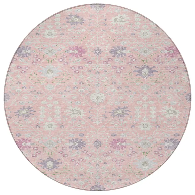 8' Pink Purple And Gray Round Oriental Washable Indoor Outdoor Area Rug
