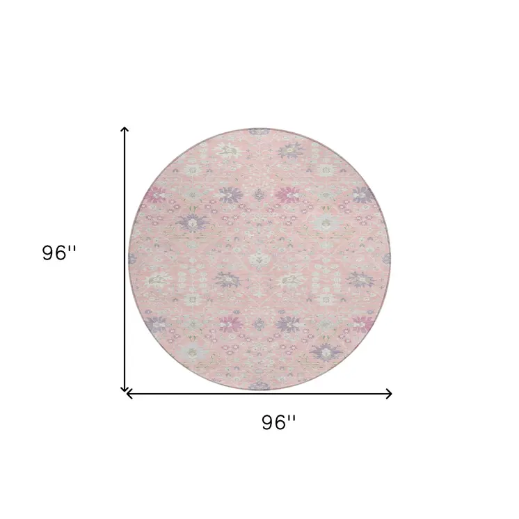 8' Pink Purple And Gray Round Oriental Washable Indoor Outdoor Area Rug