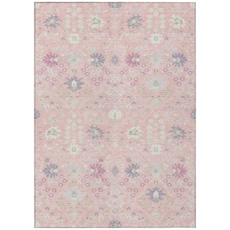 9' X 12' Pink Purple And Gray Oriental Washable Indoor Outdoor Area Rug