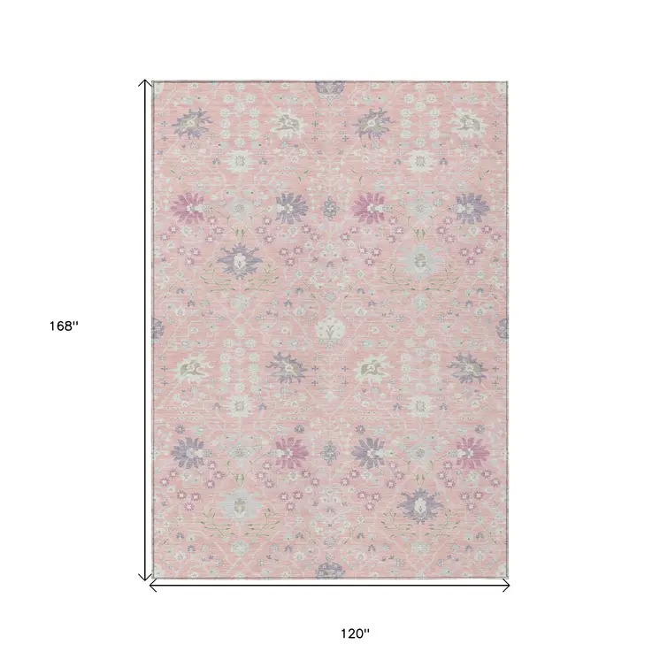 10' X 14' Pink Purple And Gray Oriental Washable Indoor Outdoor Area Rug