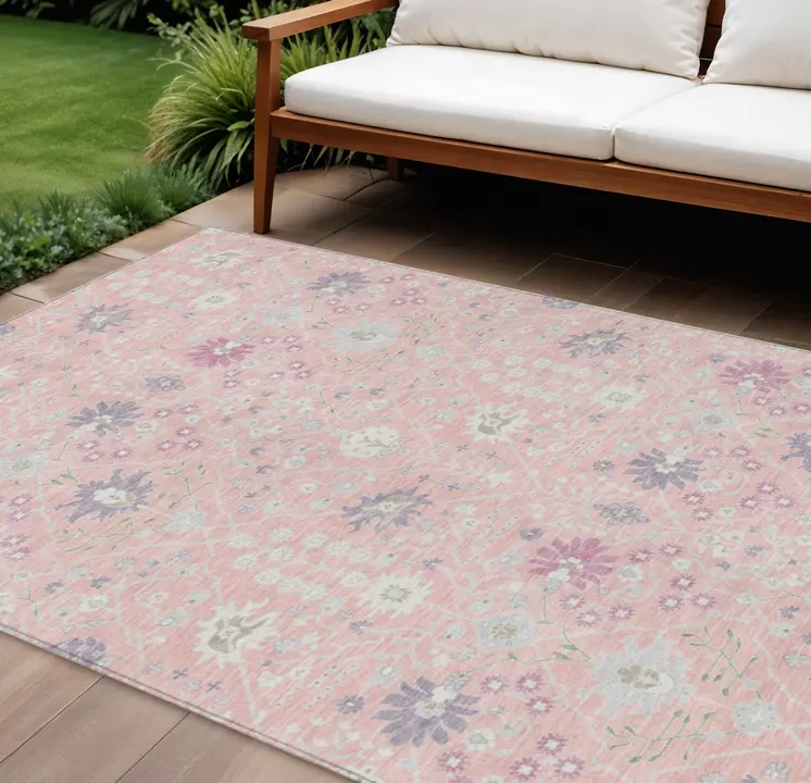 10' X 14' Pink Purple And Gray Oriental Washable Indoor Outdoor Area Rug